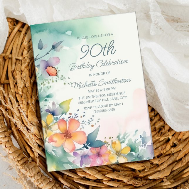 Convite 90 Floral Pastel, cor-de-rosa-amarelo, Aniversário (Spring watercolor floral on teal and white 90th birthday party invitation)