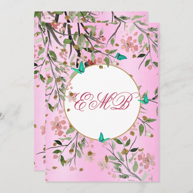 Convite 90 Floral Pink Chic Elegant Monograma - Aniversári (Frente/Verso)