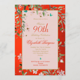 Convite 90 Floral Red Elegante rosa Dourado Aniversário