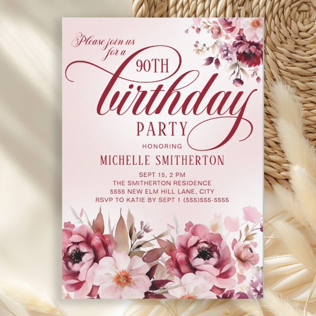 Convite 90 Floral Rosa Feminina (Burgundy and pink watercolor floral 90th birthday party invitation)