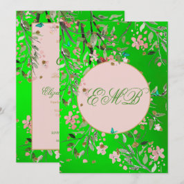 Convite 90 Floral Verde Elegante Rosa Monograma, Aniversár