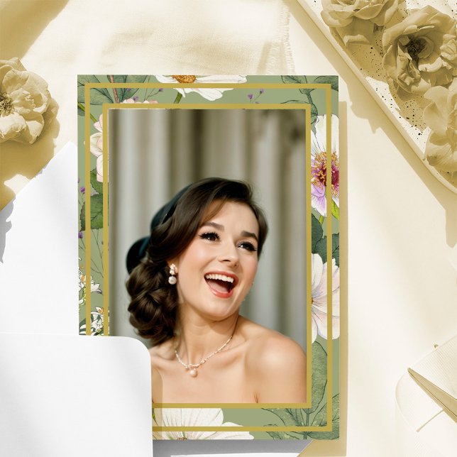 Convite 90 Foto: Dourada Floral Elegante Verde Aniversário (Criador carregado)