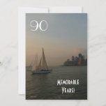 Convite 90 Memorable Years/Birthday Celebration/Sailboat<br><div class="desc">This beautiful evening view of a sailboat on the water, with N.Y. city skyline in the background, is a lovely backdrop for this 90th Birthday Party invitation for the elderly gentleman in your life. The back of the invitation is ready to be customized. *Note: For a little different look and...</div>