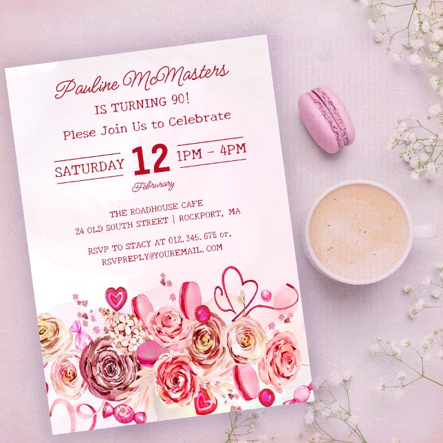 Convite 90 Rosa Rosa Rosa Suave e Suave Aniversário de Dia (Criador carregado)