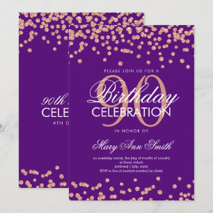 Convite 90 Roxo-Dourada Aniversário Glitter Confetti