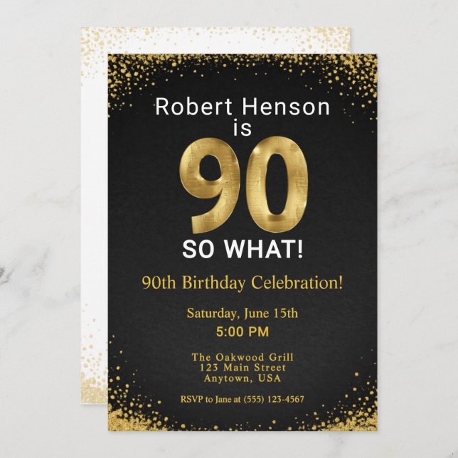 Convite 90 So What! Black Gold 90th Birthday (Frente/Verso)
