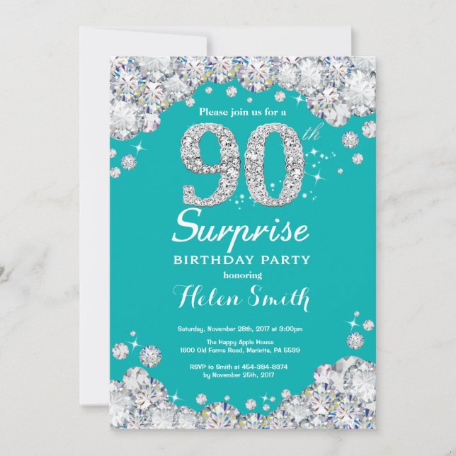 Convite 90 Surpresa: Teal de aniversário e Diamante de Pra (Frente)