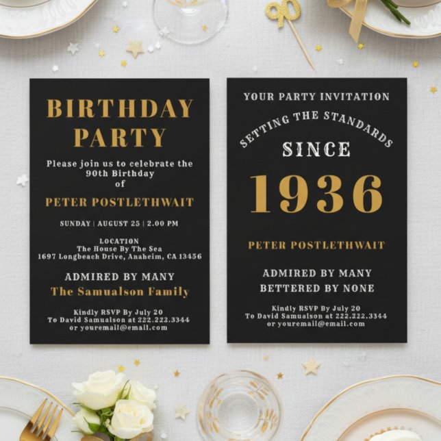 Convite 90th Birthday 1936 Black Gold Personalized For Him (1936 invitation. White background.)