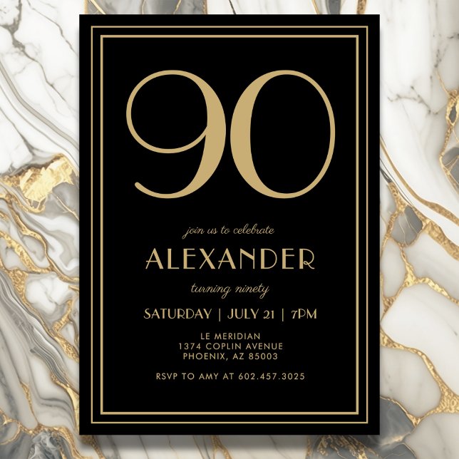Convite 90th Birthday Black and Gold Modern Minimal Adult (Elegant black and gold 90th birthday invitation design for him or her.)