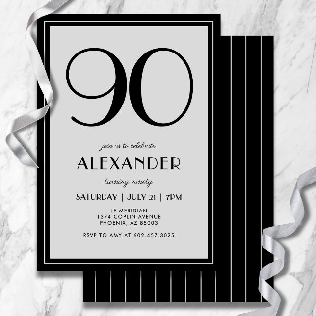 Convite 90th Birthday Modern Minimalist Mens Black Gray (Modern black and light gray design—minimal, bold, and effortlessly stylish.)