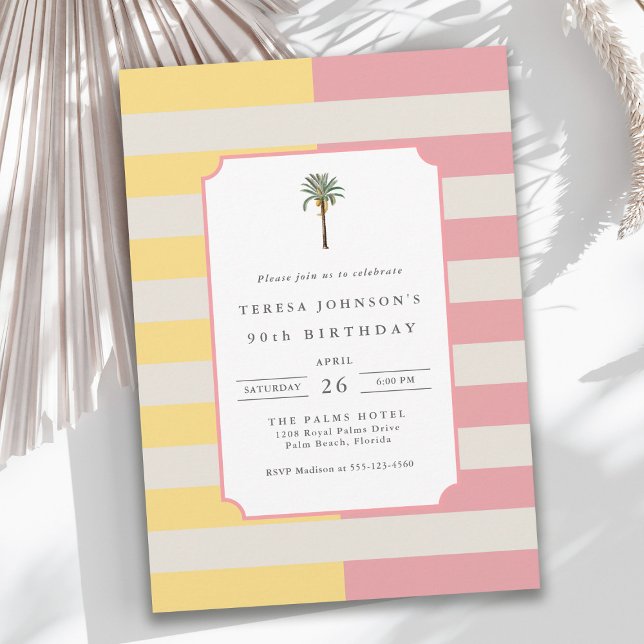 Convite 90th Birthday Palm Beach Pastel Stripe Tropical (Criador carregado)