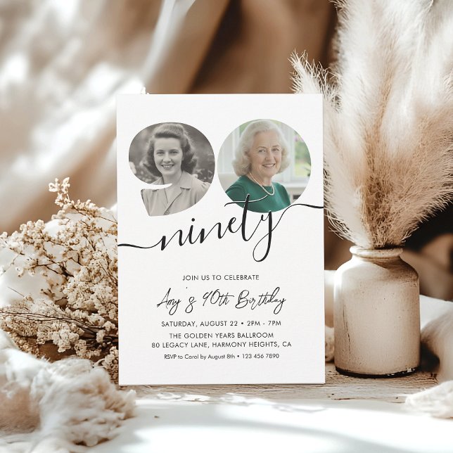 Convite 90th Birthday Party Elegant 2 Photo Birthday (Criador carregado)
