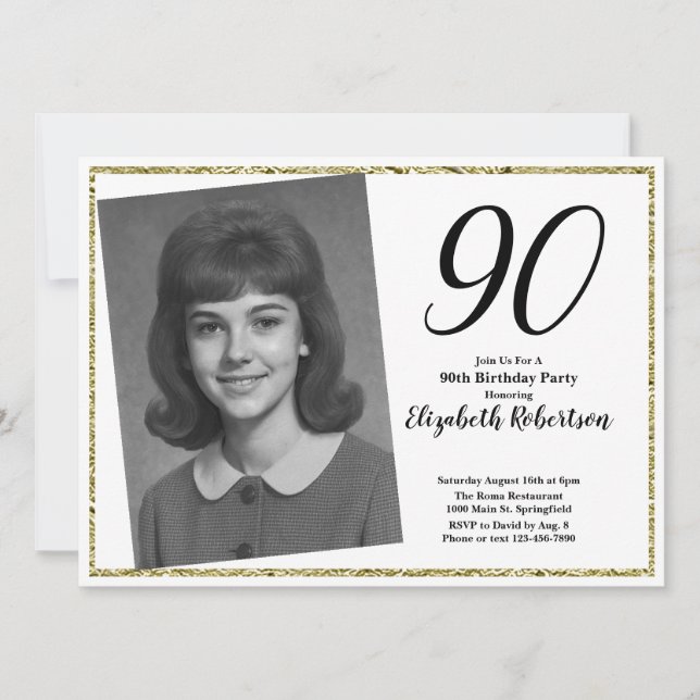 Convite 90th Custom Photo White and Gold  (Frente)