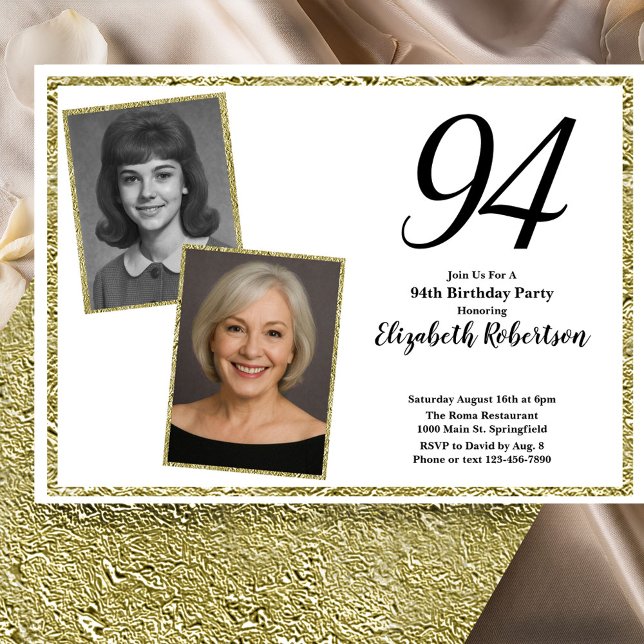 Convite 94º Personalizado Foto Branco e Dourado  (Criador carregado)