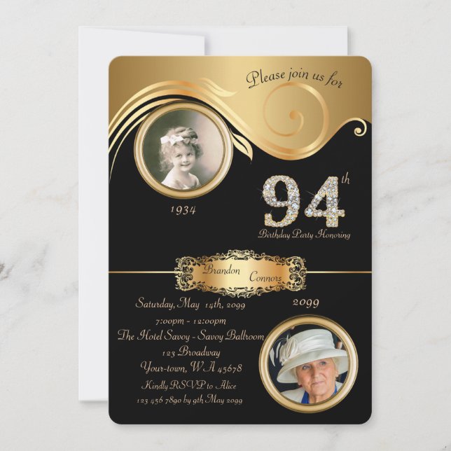 Convite 95º,Homem de aniversário 95º,deco de arte elegante (Frente)