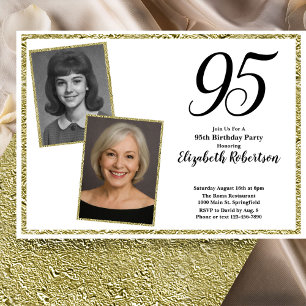 Convite 95º Personalizado Foto Branco e Dourado 