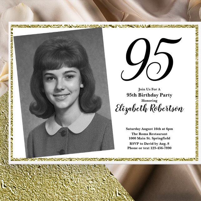 Convite 95º Personalizado Foto Branco e Dourado  (Criador carregado)