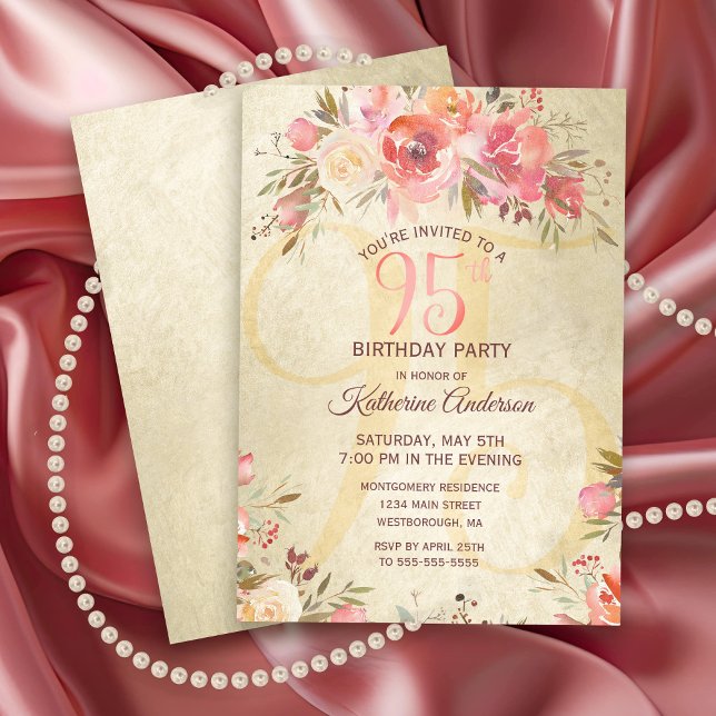 Convite 95.º Aniversário do Partido Shimmer das Rosas Rosa (Elegant Pink and Gold Floral 95th Birthday Party Invitation)
