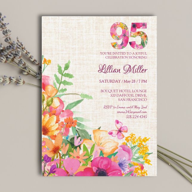 Convite 95 anos flores Floral Linen 95.o aniversário (Criador carregado)