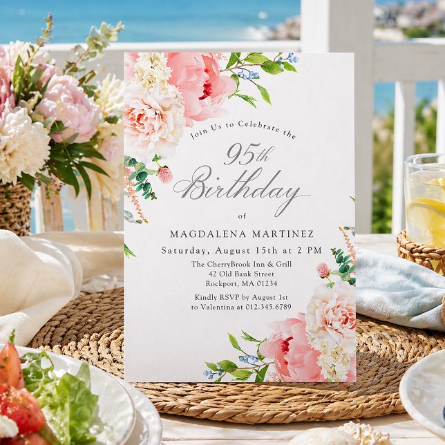 Convite 95th Birthday Party Feminine Pink Roses Floral (Criador carregado)