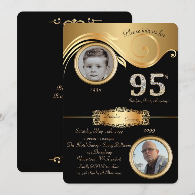 Convite 95th, homem 95th do aniversário, art deco (Frente/Verso)