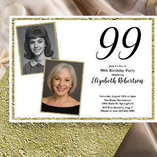 Convite 99º Personalizado Foto Branco e Dourado