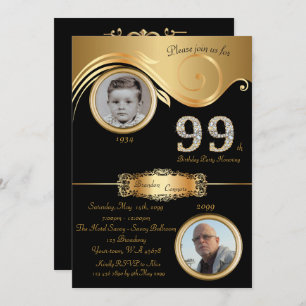 Convite 99,Birthday Man 99,elegante deco de arte,ouro pret