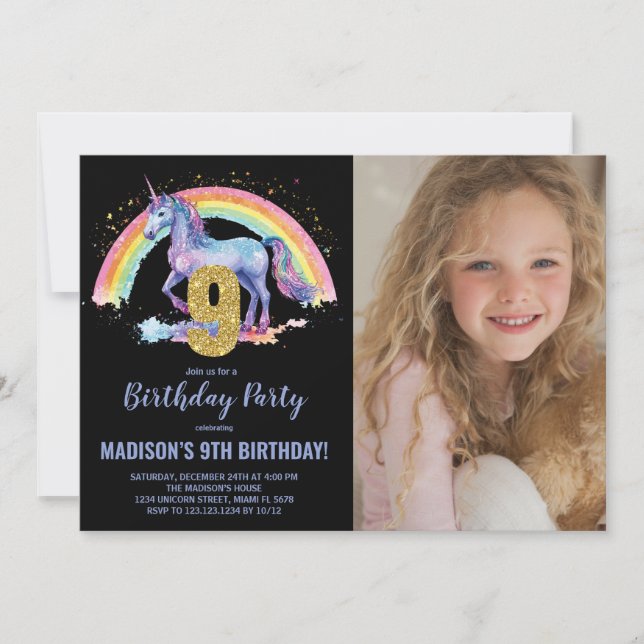 Convite 9.ª fotografia do Rainbow Unicorn Birthday Invtion (Frente)