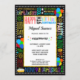 Convite 9.º aniversário do Brincadeira Cor Texto Louco sob