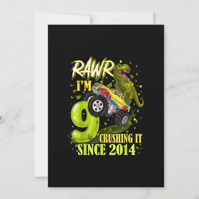 Convite 9 anos Dinossaur Trex Monster Truck 9.º Aniversári (Frente)