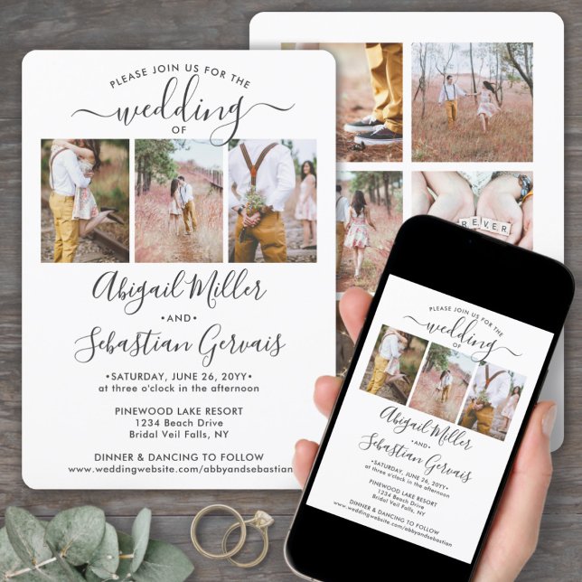 Convite 9 Foto Colagem Elegante Moderna Caligrafia Casamen (Criador carregado)