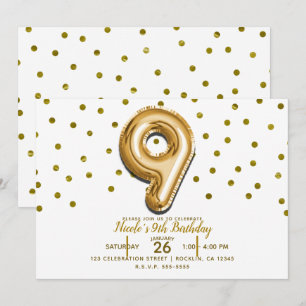 Convite 9 Nove Balões de Confete de Ouro Festa de Aniversá