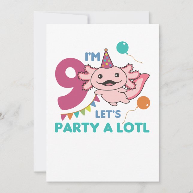 Convite 9.o Aniversário Axolotl 9 anos de idade Axolots Cu (Frente)