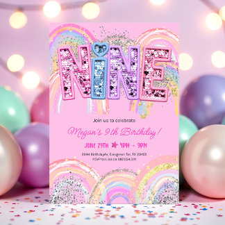 Convite 9th Birthday Rainbow Invitation