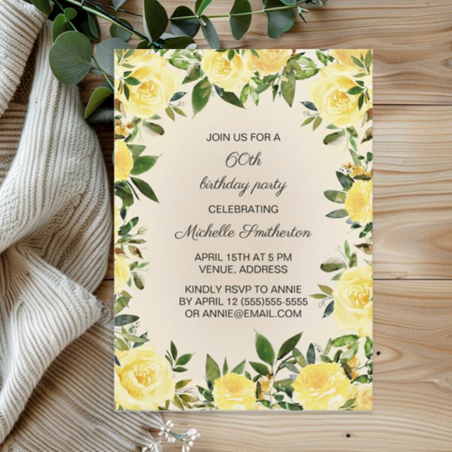 Convite A 60ª Festa de aniversário da Mulher Floral Amarel (Yellow floral and greenery women's 60th birthday party invitation)