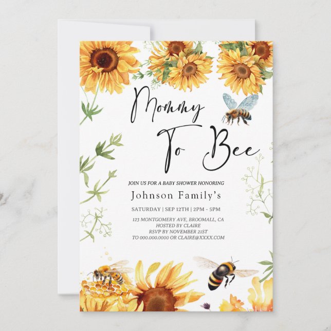 convite à abelha de chá de fraldas de girassol (Frente)