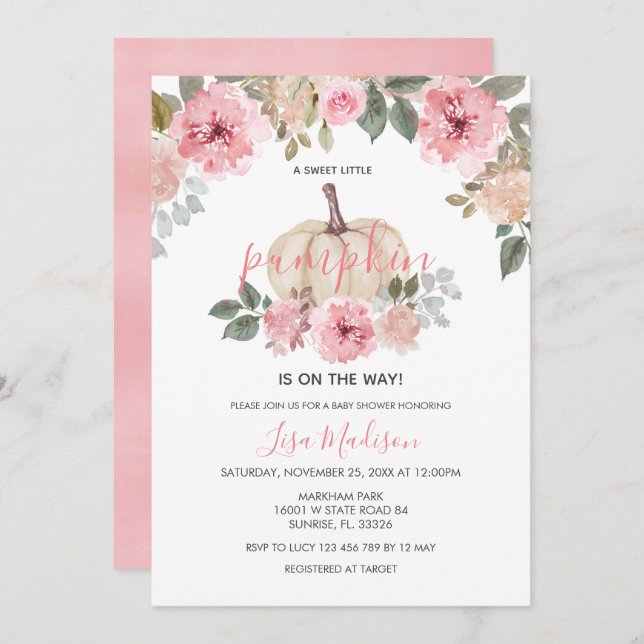 Convite A abóbora rosa está no caminho do Chá de fraldas (Frente/Verso)