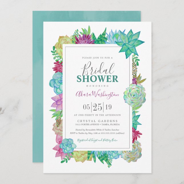 Convite A aguarela brilhante dos Succulents floresce o chá (Frente/Verso)