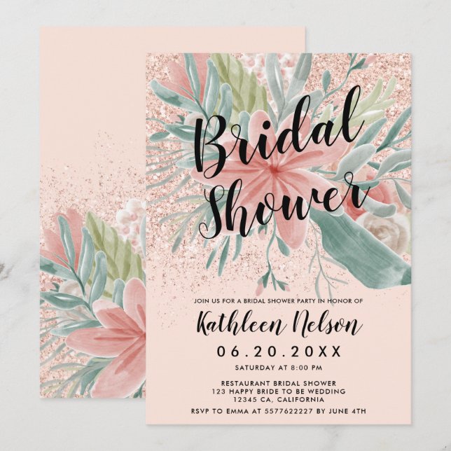 Convite A aguarela floral do brilho cora chá de panela (Frente/Verso)