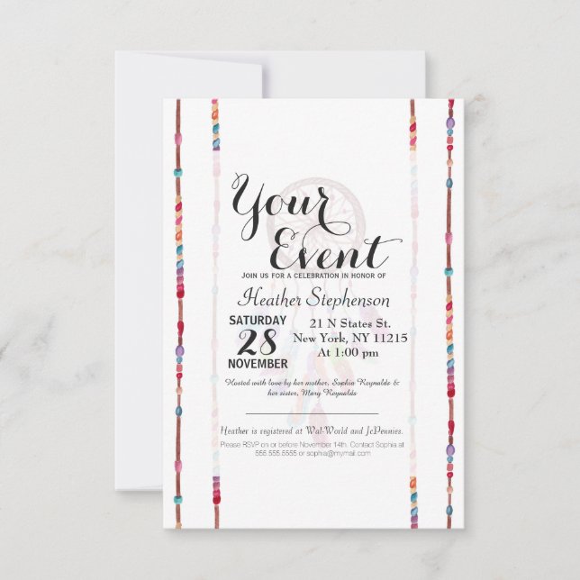 Convite A aguarela pintado mão Dreamcatcher perla a pena (Frente)