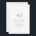 Convite à aniversário de 40 anos de Rosa Dourada m<br><div class="desc">Este convite minimalista de rosa de ouro é perfeito para uma festa de aniversário simples. A design romântica moderna apresenta clássico de ouro rosa e tipografia branca emparelhada com uma caligrafia rustica, mas elegante, com estilo antigo, com letra de mão. Personalizável em qualquer cor. Mantenha o design simples e elegante,...</div>
