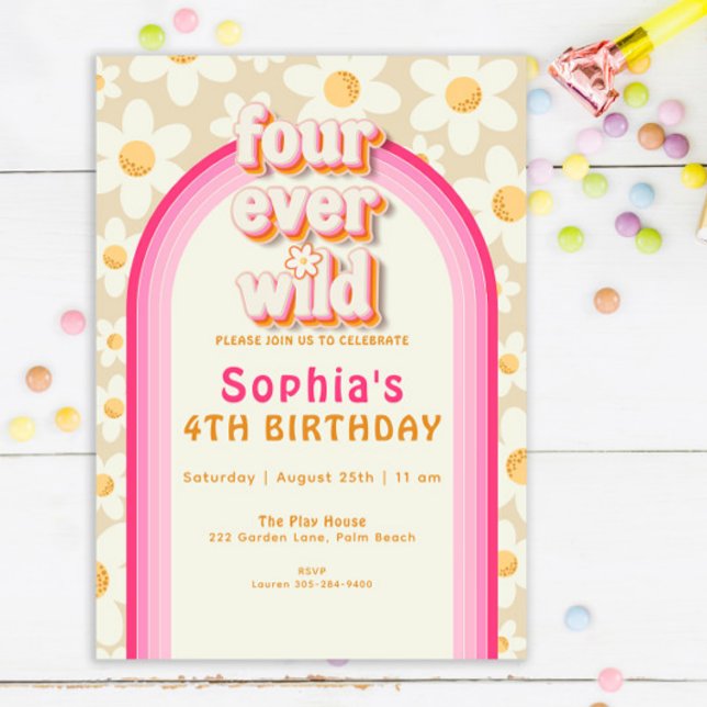 Convite à Aniversário de Quatro Daisy Rainbow - (Criador carregado)