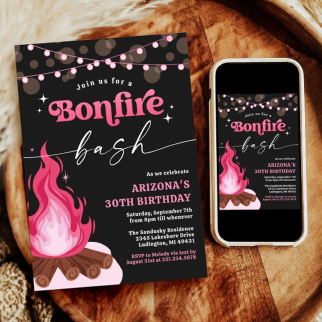 Convite à apresentação de Burgel cor-de-rosa moder (Pink Birthday Bonfire Invitation)