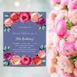 Convite à apresentação de orçamento floral cor-de-<br><div class="desc">Um convite elegante para uma festa de aniversário 50ª (ou qualquer idade). Com flores rosadas,  roxas e rosa douradas,  cor-de-água,  florais como decoração. Um fundo azul de tendência. O nome é escrito com um script de estilo manuscrito.</div>