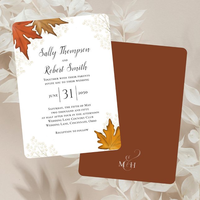 Convite A Aquarela de outono de outono deixa personalizada (Elegant fall foliage wedding invitation.)