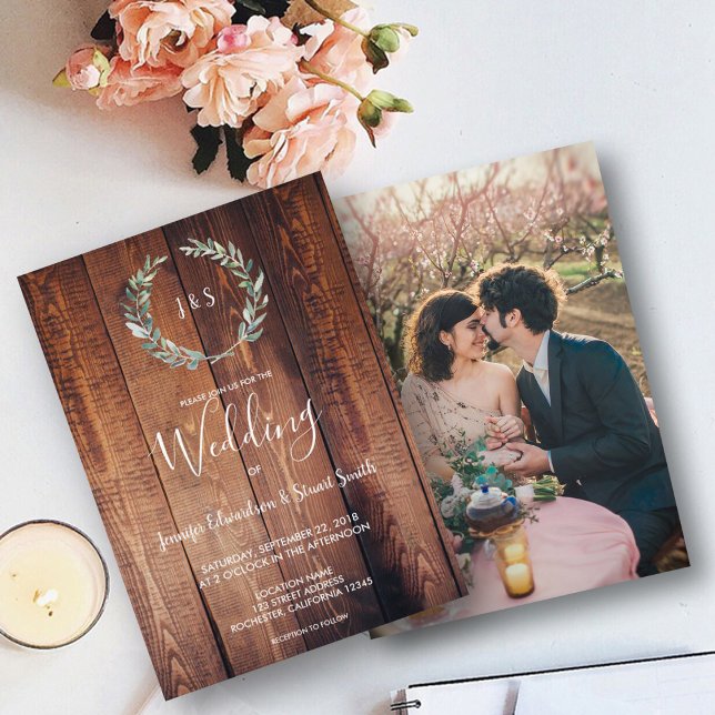 Convite A aquarela russa deixa foto de monograma Casamento (Criador carregado)