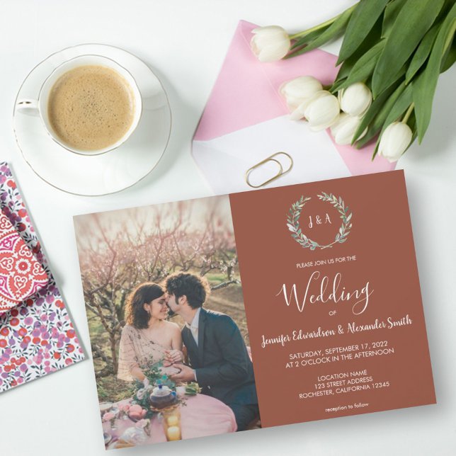 Convite A aquarela russa deixa foto de monograma Casamento (Criador carregado)