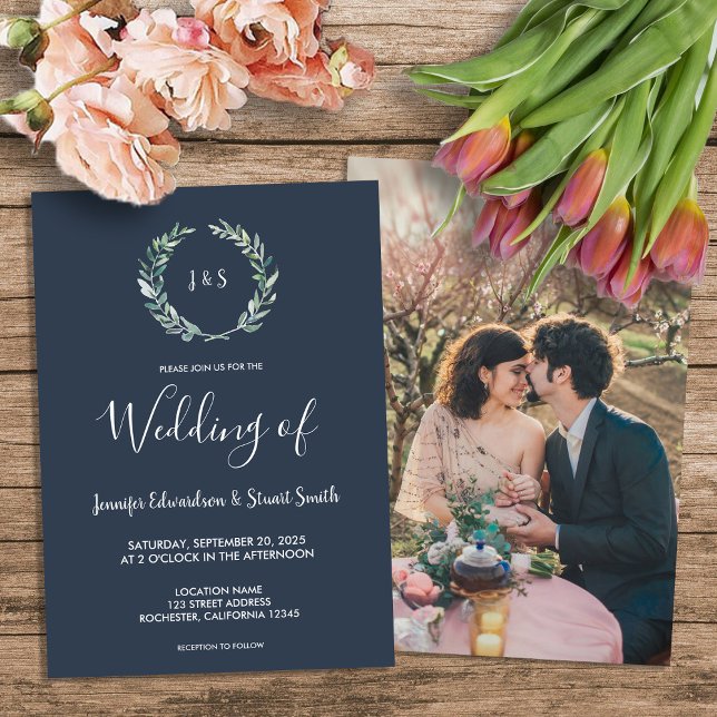 Convite A aquarela russa deixa foto de monograma Casamento (Rustic watercolor leaves monogram photo country Wedding Invitation.)