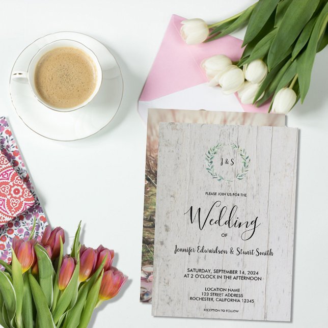 Convite A aquarela russa deixa foto de monograma Casamento (Rustic watercolor leaves on barn wood monogrammed photo Wedding Invitation.)