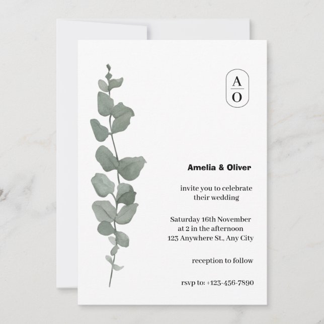 Convite A Aquarela Verde Deixa Um Simples Casamento Elegan (Frente)